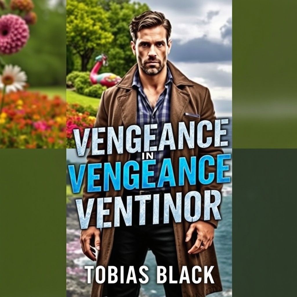 A striking book cover for the novel 'Vengeance in Ventnor', showcasing either a beautiful botanical garden or a dramatic beach and cliff scene in the background