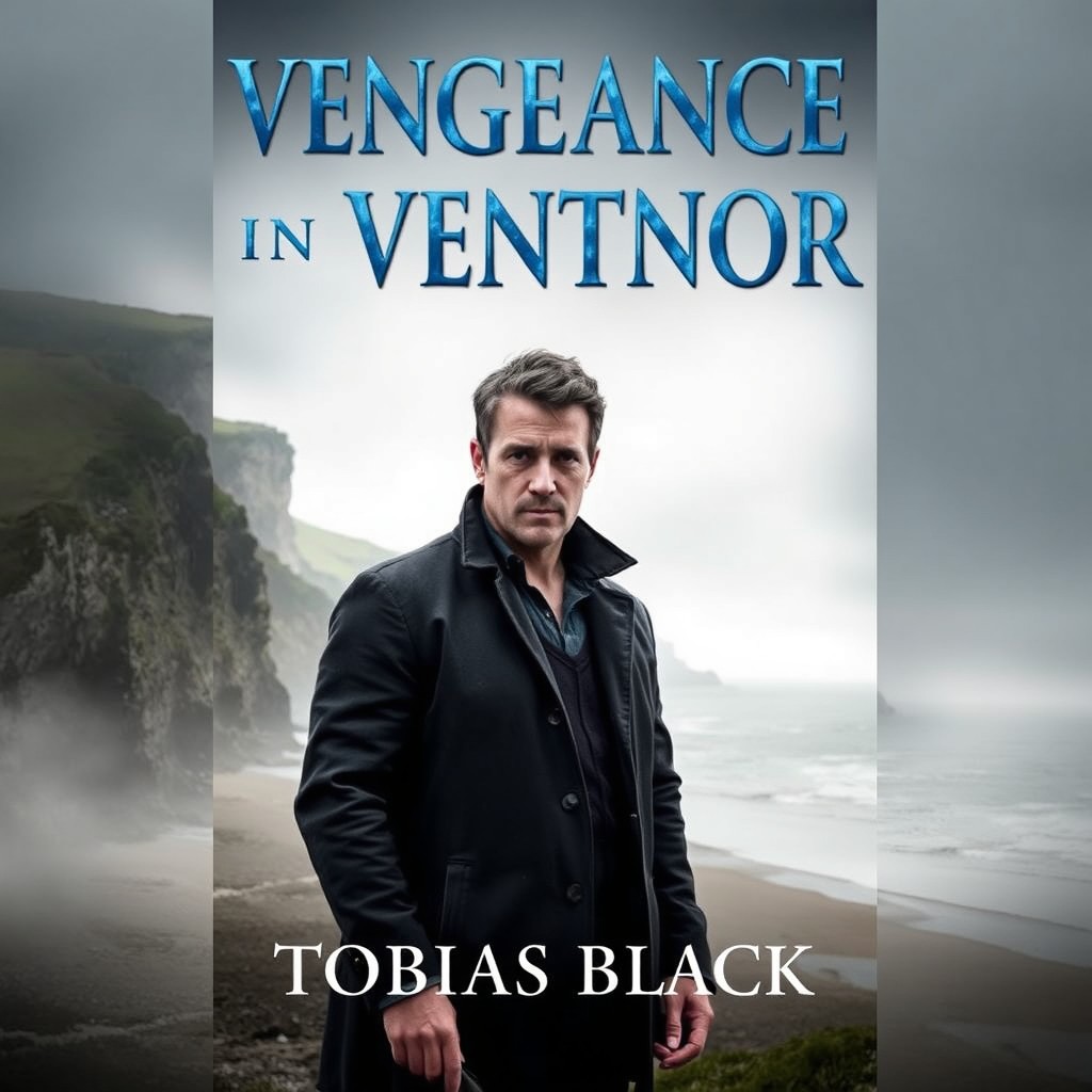 A moody and atmospheric book cover for the crime thriller novel 'Vengeance in Ventnor', showcasing a coastal scene with dramatic cliffs and a foreboding beach