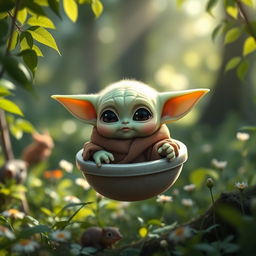 A cute and charming depiction of Baby Yoda, known as Grogu, sitting in a small floating pod, with his large, expressive eyes and adorable ears
