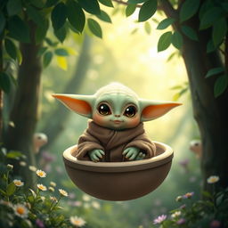 A cute and charming depiction of Baby Yoda, known as Grogu, sitting in a small floating pod, with his large, expressive eyes and adorable ears