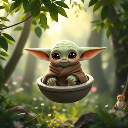 A cute and charming depiction of Baby Yoda, known as Grogu, sitting in a small floating pod, with his large, expressive eyes and adorable ears