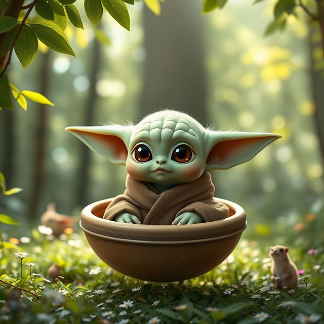 A cute and charming depiction of Baby Yoda, known as Grogu, sitting in a small floating pod, with his large, expressive eyes and adorable ears