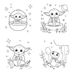 A set of simplistic and fun Baby Yoda coloring pages featuring various scenes: one page depicts Baby Yoda sitting in his floating pod with a big smile, another shows him using the Force to lift small objects, and a third has him playing with a cute frog