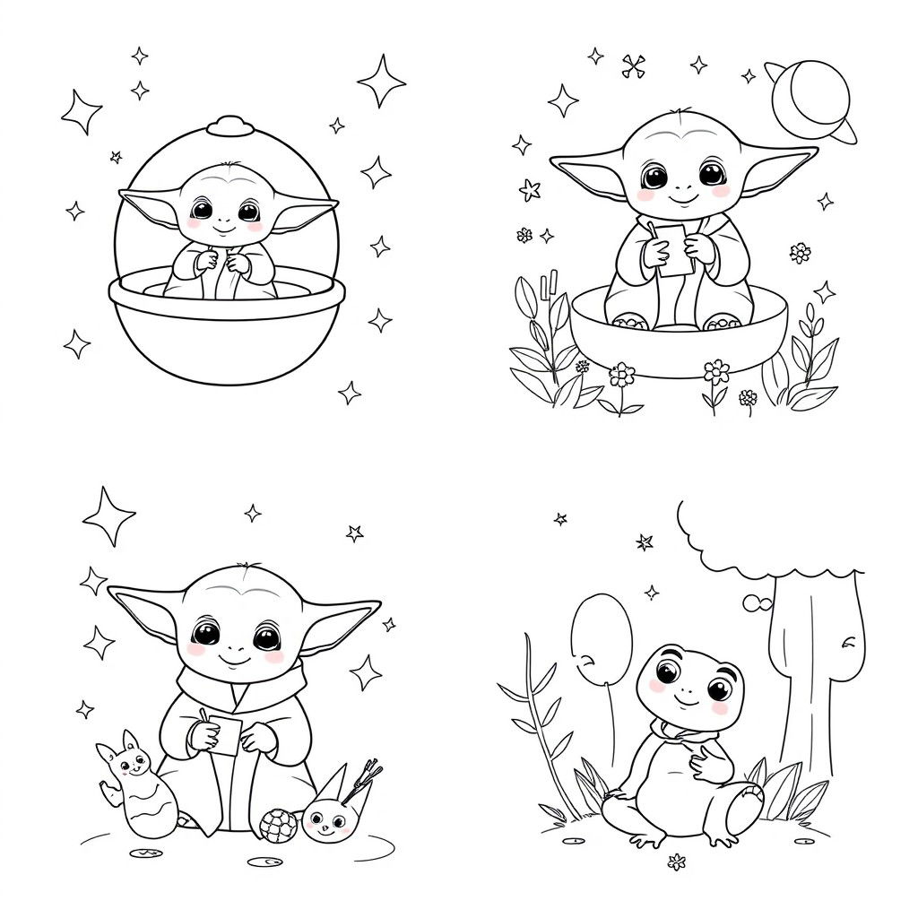 A set of simplistic and fun Baby Yoda coloring pages featuring various scenes: one page depicts Baby Yoda sitting in his floating pod with a big smile, another shows him using the Force to lift small objects, and a third has him playing with a cute frog