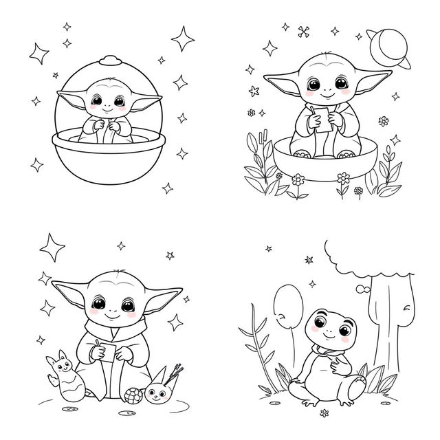 A set of simplistic and fun Baby Yoda coloring pages featuring various scenes: one page depicts Baby Yoda sitting in his floating pod with a big smile, another shows him using the Force to lift small objects, and a third has him playing with a cute frog