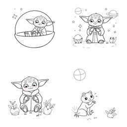 A set of simplistic and fun Baby Yoda coloring pages featuring various scenes: one page depicts Baby Yoda sitting in his floating pod with a big smile, another shows him using the Force to lift small objects, and a third has him playing with a cute frog
