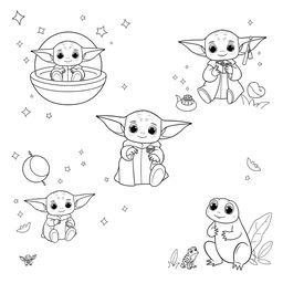 A set of simplistic and fun Baby Yoda coloring pages featuring various scenes: one page depicts Baby Yoda sitting in his floating pod with a big smile, another shows him using the Force to lift small objects, and a third has him playing with a cute frog