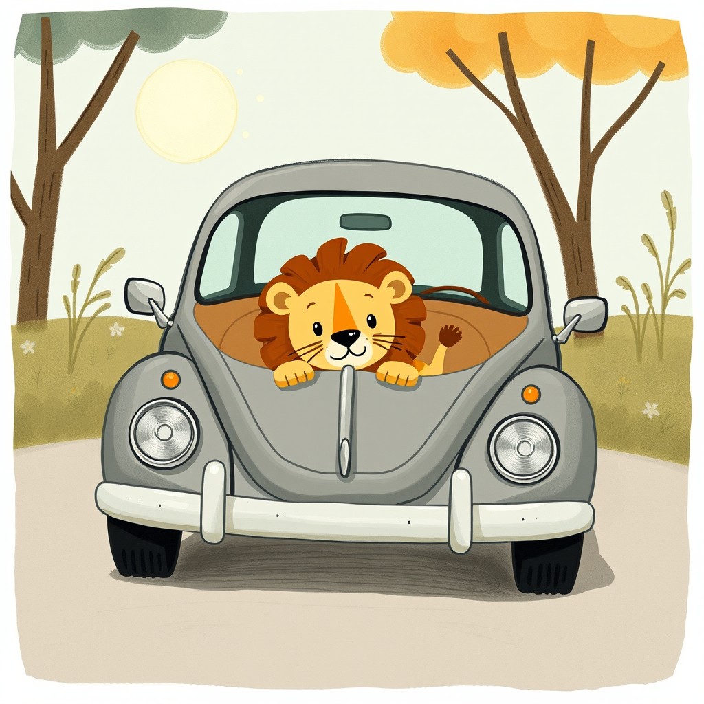 A charming illustration featuring a cute little lion sitting inside a car shaped like a Volkswagen Beetle