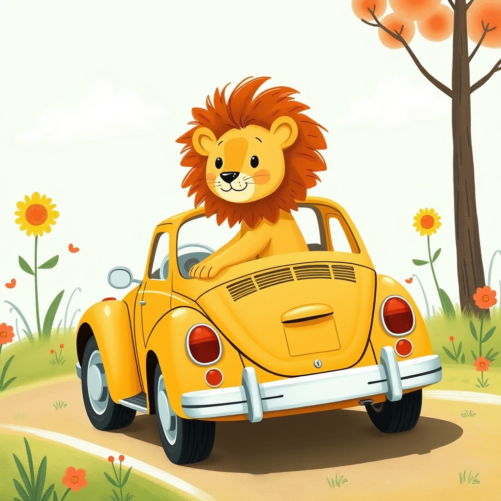 A delightful illustration depicting a cute little lion sitting in a Volkswagen Beetle-shaped car, which is in motion and facing sideways towards the viewer