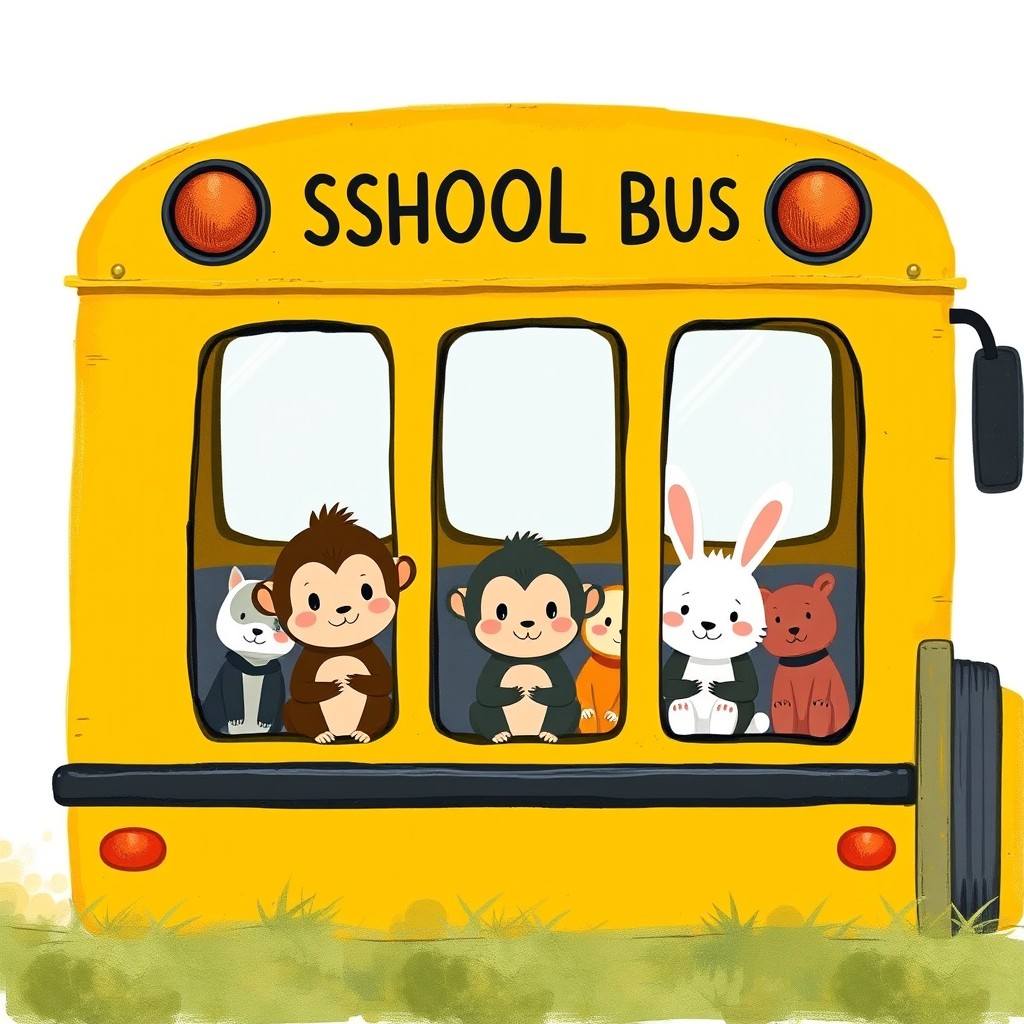A whimsical and charming illustration in the style of Jon Klassen, featuring several cute small animals, including little monkeys and bunnies, sitting together inside a bright yellow school bus