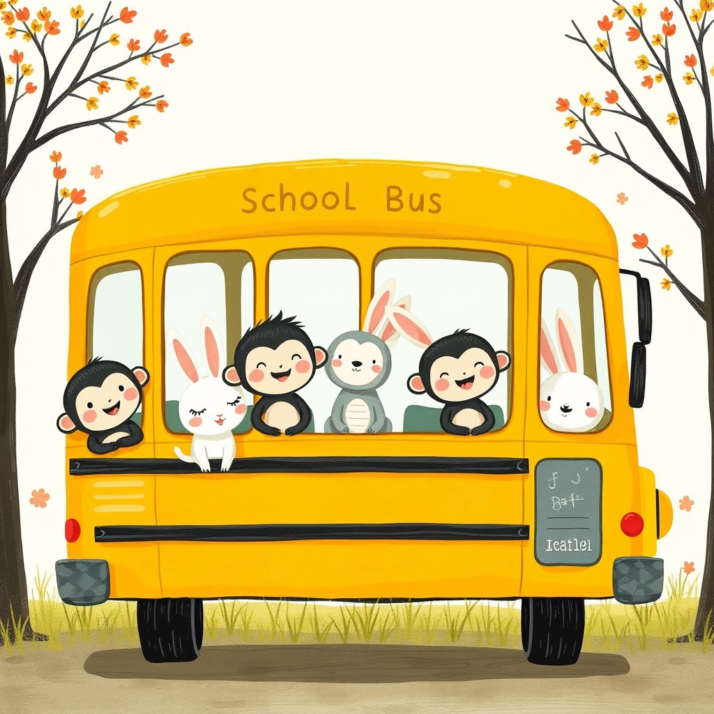 A delightful and whimsical illustration in the style of Jon Klassen, featuring several adorable small animals, such as little monkeys and bunnies, happily seated in a bright yellow school bus