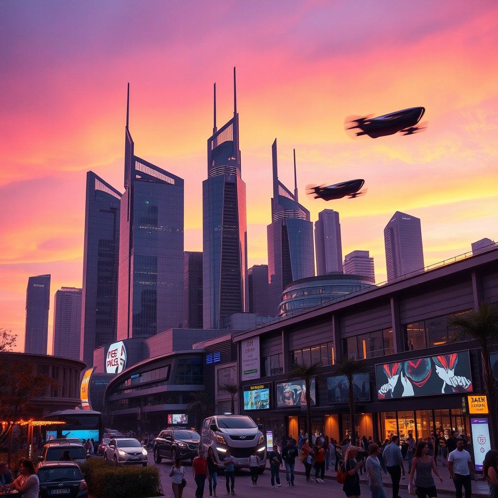 A futuristic city skyline at sunset, with neon lights illuminating the buildings
