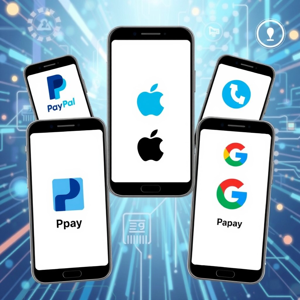 A vibrant collage showcasing various popular e-wallets like PayPal, Venmo, Apple Pay, and Google Pay