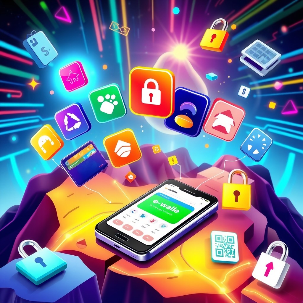 An illustration showing various electronic wallets (e-wallets) arranged in a vibrant digital landscape, showcasing their unique features