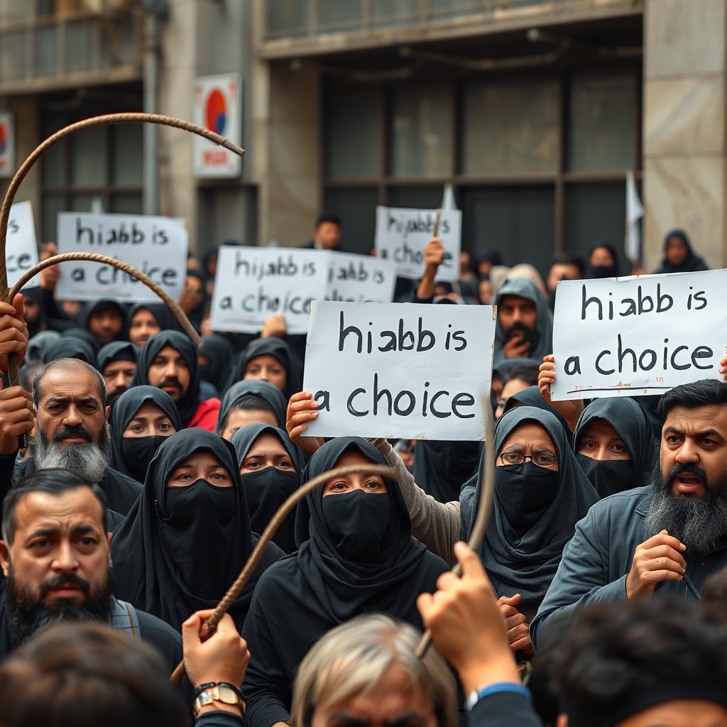A powerful protest scene featuring a diverse group of determined Muslim women wearing burkas, angrily holding signs that read "hijab is a choice"