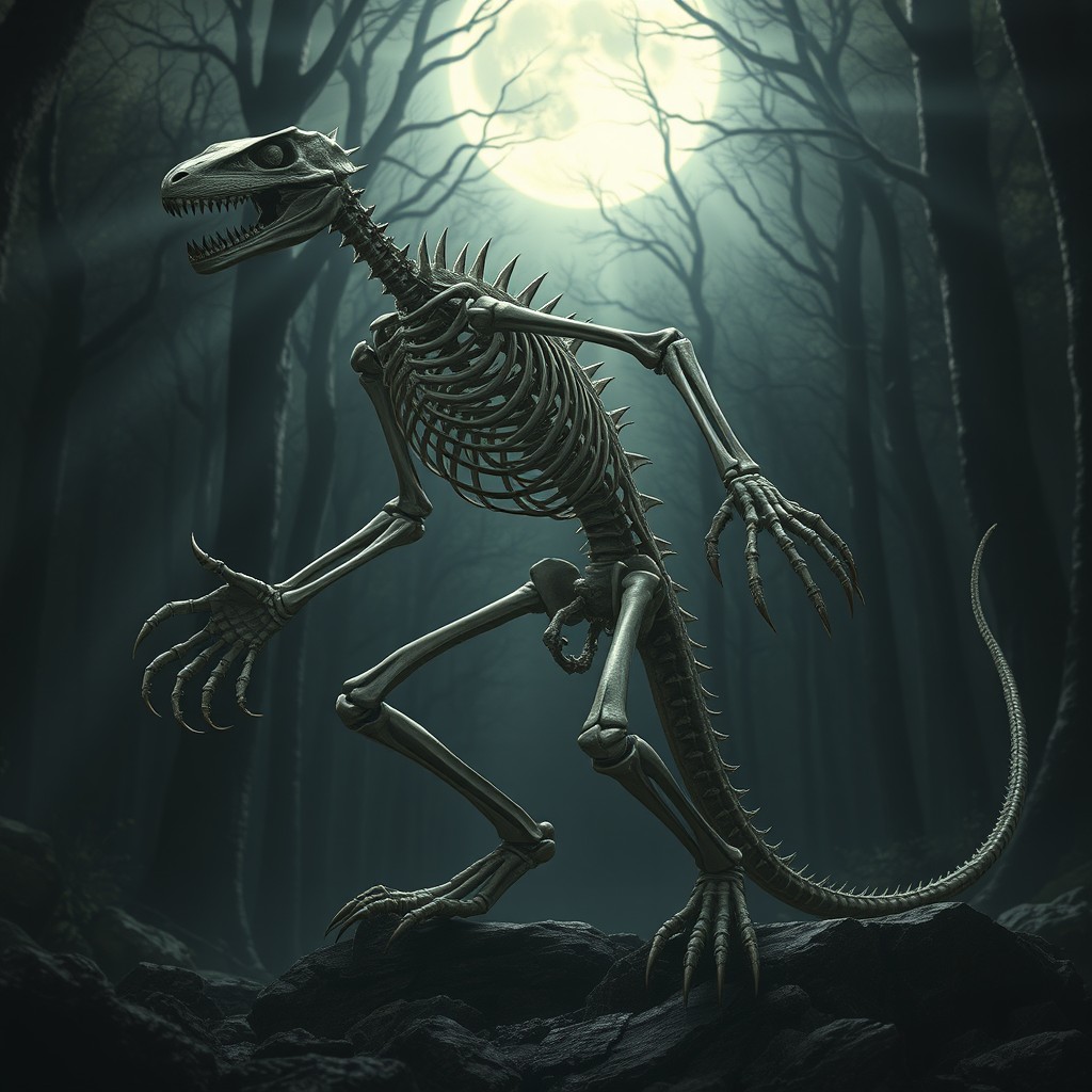 A mythical lizardman skeleton, depicted in a dynamic pose, showcasing its reptilian features and intricate skeletal structure