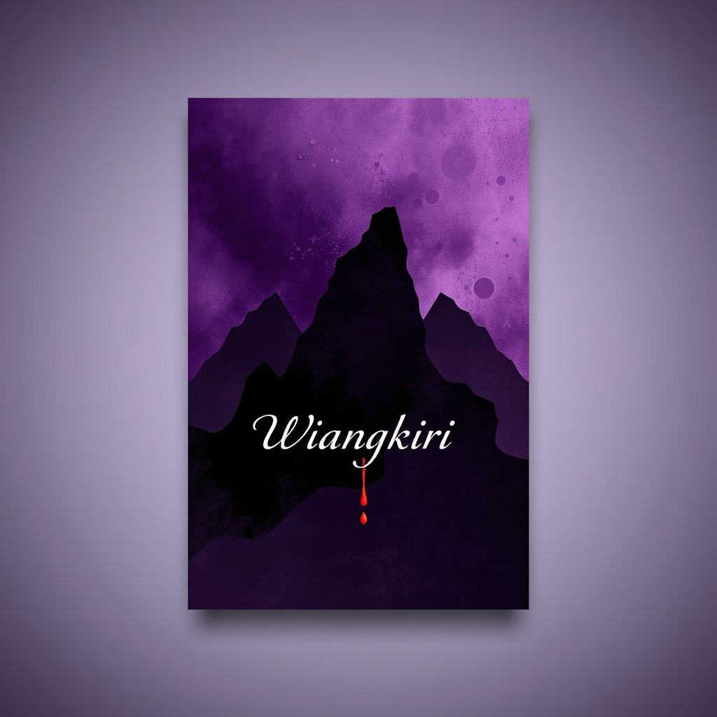 An abstract book cover design for "Wiangkiri", featuring a captivating background of stylized mountains rendered in deep, dramatic hues of purple and black, creating a mystical atmosphere