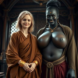 Inside a medieval room, a very happy 19-year-old malnourished blonde woman with medium-length hair, adorned with a thick golden bracelet and dressed in a long, fully enclosed noble Buddhist cloak