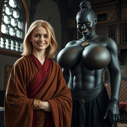 Inside a medieval room, a very happy 19-year-old malnourished blonde woman with medium-length hair, adorned with a thick golden bracelet and dressed in a long, fully enclosed noble Buddhist cloak