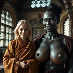 Inside a medieval room, a very happy 19-year-old malnourished blonde woman with medium-length hair, adorned with a thick golden bracelet and dressed in a long, fully enclosed noble Buddhist cloak