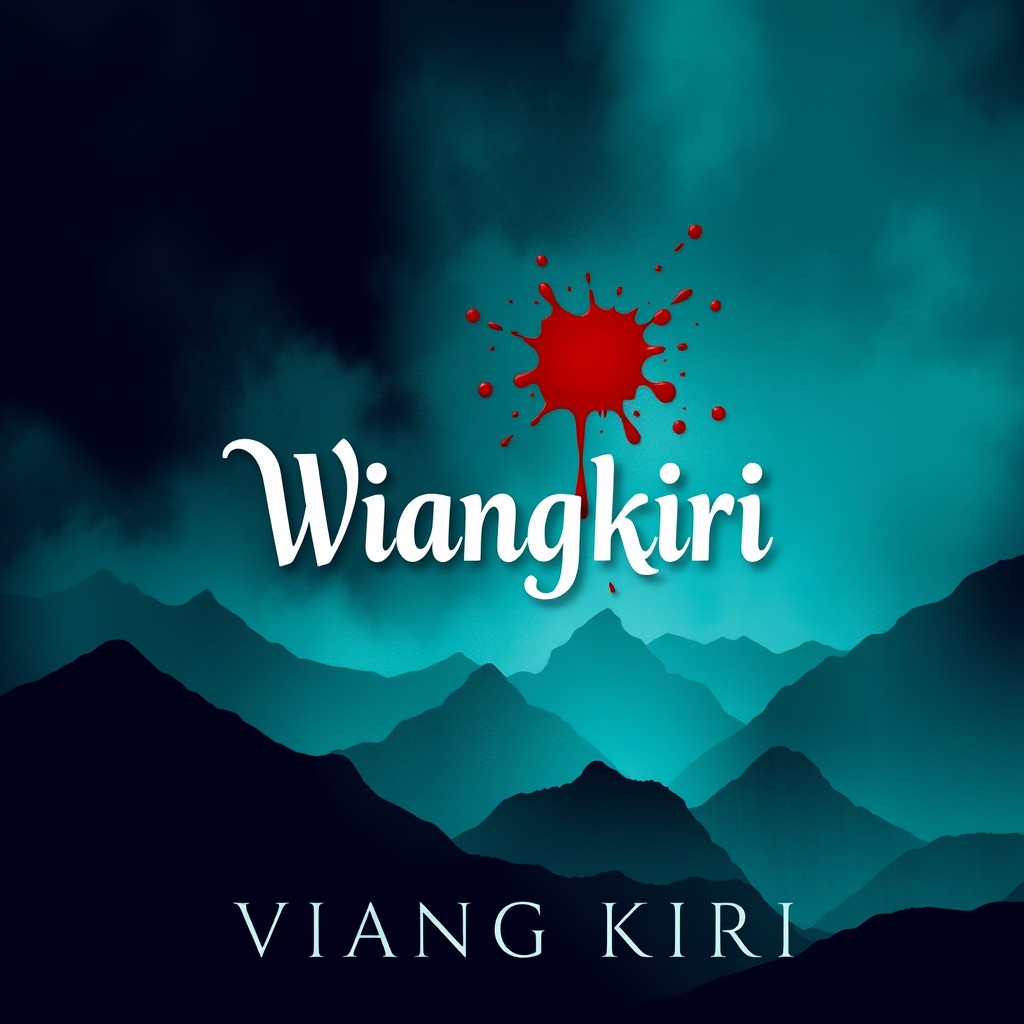 An abstract book cover design for "Wiangkiri", featuring a captivating background of stylized mountains rendered in shades of deep navy and teal, creating an enigmatic and atmospheric landscape