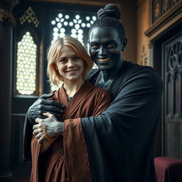 Inside a medieval room, a very happy 19-year-old malnourished blonde woman with medium-length hair, wearing a thick golden bracelet and a long, fully closed noble Buddhist cloak