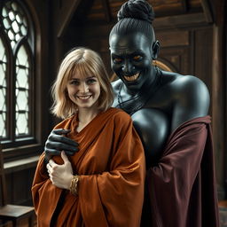 Inside a medieval room, a very happy 19-year-old malnourished blonde woman with medium-length hair, wearing a thick golden bracelet and a long, fully closed noble Buddhist cloak