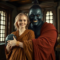 Inside a medieval room, a very happy 19-year-old malnourished blonde woman with medium-length hair, wearing a thick golden bracelet and a long, fully closed noble Buddhist cloak