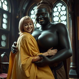 Inside a medieval room, a very happy 19-year-old malnourished blonde woman with medium-length hair, adorned with a thick golden bracelet and wearing a long, fully closed noble Buddhist cloak, is embracing a towering wicked dark-skinned woman