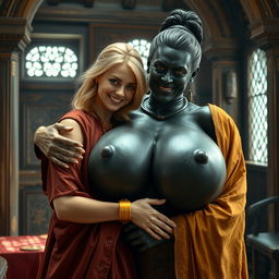 Inside a medieval room, a very happy 19-year-old malnourished blonde woman with medium-length hair, adorned with a thick golden bracelet and wearing a long, fully closed noble Buddhist cloak, is embracing a towering wicked dark-skinned woman