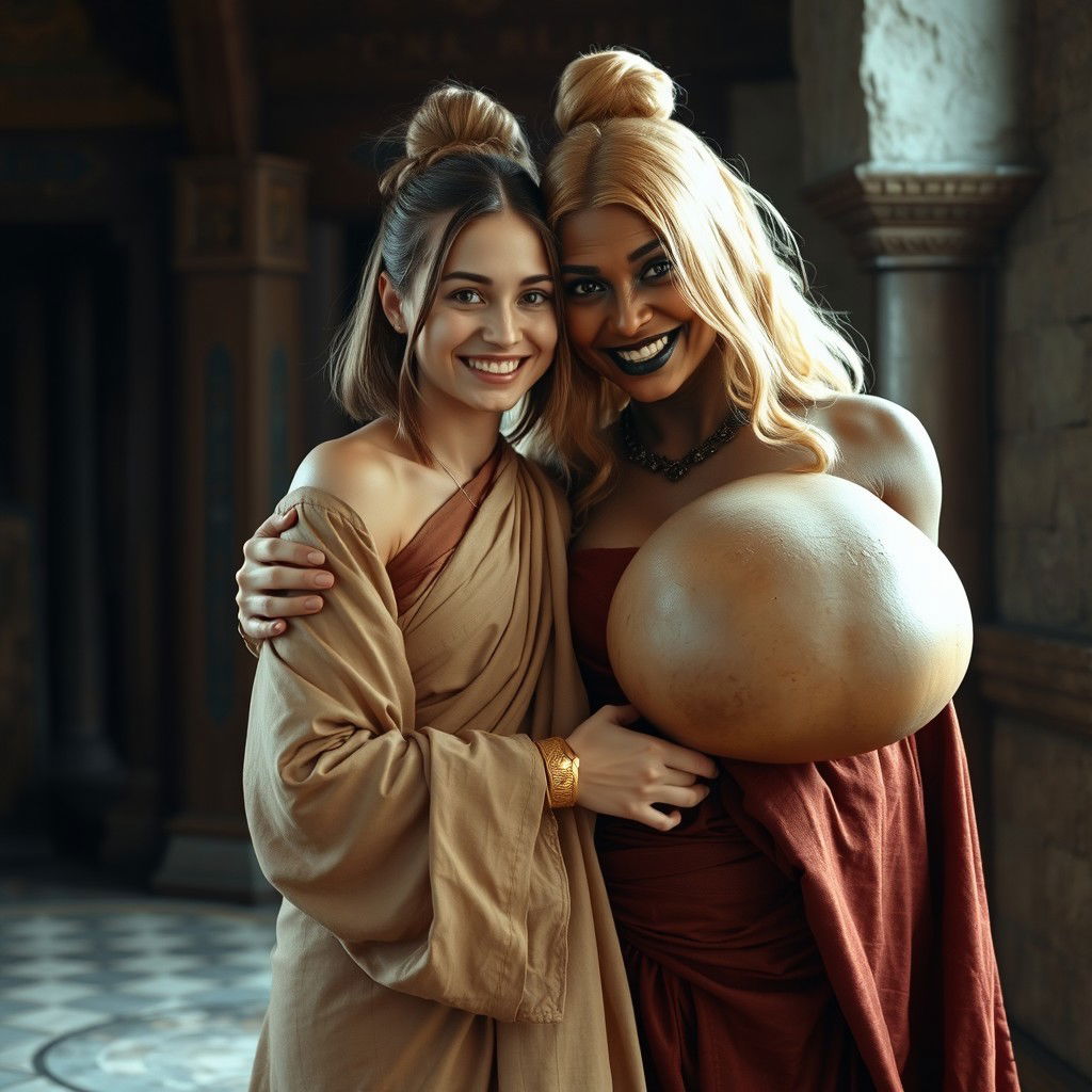 In a medieval room, a very happy, malnourished young blonde woman of 19 years with medium-length hair, wearing a long, closed noble Buddhist robe, adorned with a thick gold bracelet