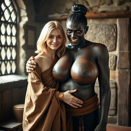 In a medieval room, a very happy, malnourished young blonde woman of 19 years with medium-length hair, wearing a long, closed noble Buddhist robe, adorned with a thick gold bracelet