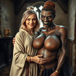 In a medieval room, a very happy, malnourished young blonde woman of 19 years with medium-length hair, wearing a long, closed noble robe with a high collar, and adorned with a thick gold bracelet