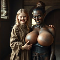 In a medieval room, a very happy, malnourished young blonde woman of 19 years with medium-length hair, wearing a long, closed noble robe with a high collar, and adorned with a thick gold bracelet