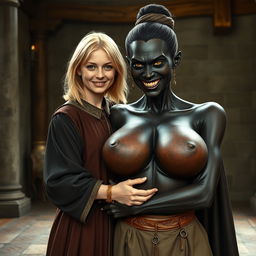 In a medieval room, a very happy, malnourished young blonde woman of 19 years with medium-length hair, wearing a long, closed noble robe with a high collar, and adorned with a thick gold bracelet