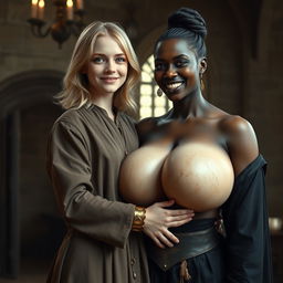 In a medieval room, a very happy, malnourished young blonde woman of 19 years with medium-length hair, wearing a long, closed noble robe with a high collar and adorned with a thick gold bracelet