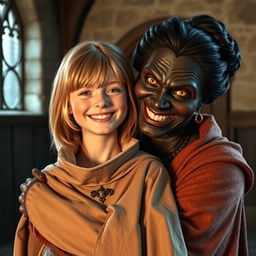 In a medieval room, a very happy 19-year-old malnourished blonde girl with medium-length hair is wearing a noble cloak with a long collar, tightly closed