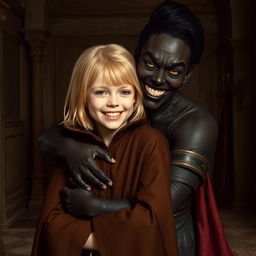 In a medieval room, a very happy 19-year-old malnourished blonde girl with medium-length hair is wearing a noble cloak with a long collar, tightly closed