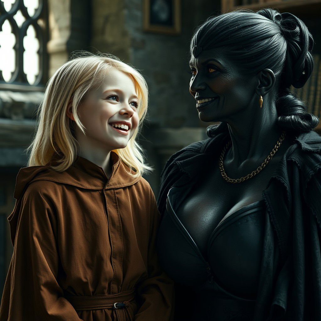 In a medieval room, a very happy 19-year-old malnourished blonde girl with medium-length hair is wearing a noble cloak with a long collar, tightly closed