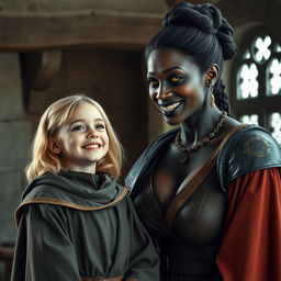 In a medieval room, a very happy 19-year-old malnourished blonde girl with medium-length hair is wearing a noble cloak with a long collar, tightly closed