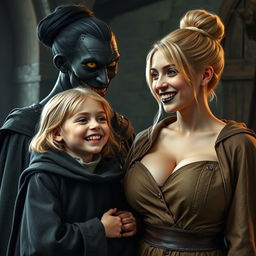 In a medieval room, a very happy 19-year-old malnourished blonde girl with medium-length hair is wearing a noble cloak with a long collar, tightly closed