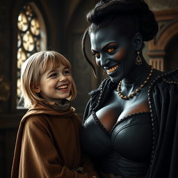 In a medieval room, a very happy 19-year-old malnourished blonde girl with medium-length hair is wearing a noble cloak with a long collar, tightly closed