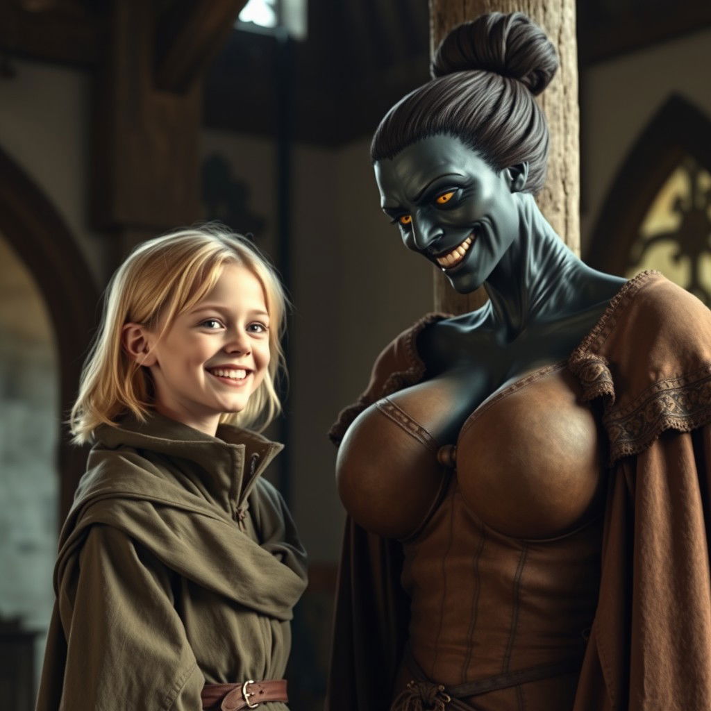 By a pillar in a medieval room, a very happy 19-year-old malnourished blonde girl with medium-length hair is wearing a noble cloak with a long collar, tightly closed