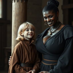 By a pillar in a medieval room, a very happy 19-year-old malnourished blonde girl with medium-length hair is wearing a noble cloak with a long collar, tightly closed
