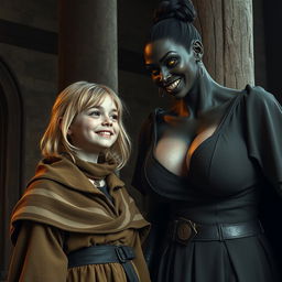 By a pillar in a medieval room, a very happy 19-year-old malnourished blonde girl with medium-length hair is wearing a noble cloak with a long collar, tightly closed