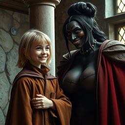 By a pillar in a medieval room, a very happy 19-year-old malnourished blonde girl with medium-length hair is wearing a noble cloak with a long collar, tightly closed