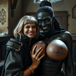 In a medieval room, a very happy young woman with medium-length blonde hair, aged 19, appears delightfully content