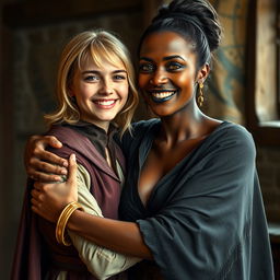 In a medieval room, a very happy young woman with medium-length blonde hair, aged 19, appears delightfully content