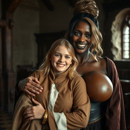 In a medieval room, a very happy young woman with medium-length blonde hair, aged 19, appears delightfully content