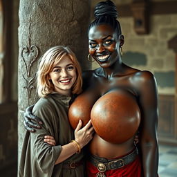 Beside a pillar in a medieval room, a very happy young woman with medium-length blonde hair, aged 19, exudes joy despite her malnourished appearance